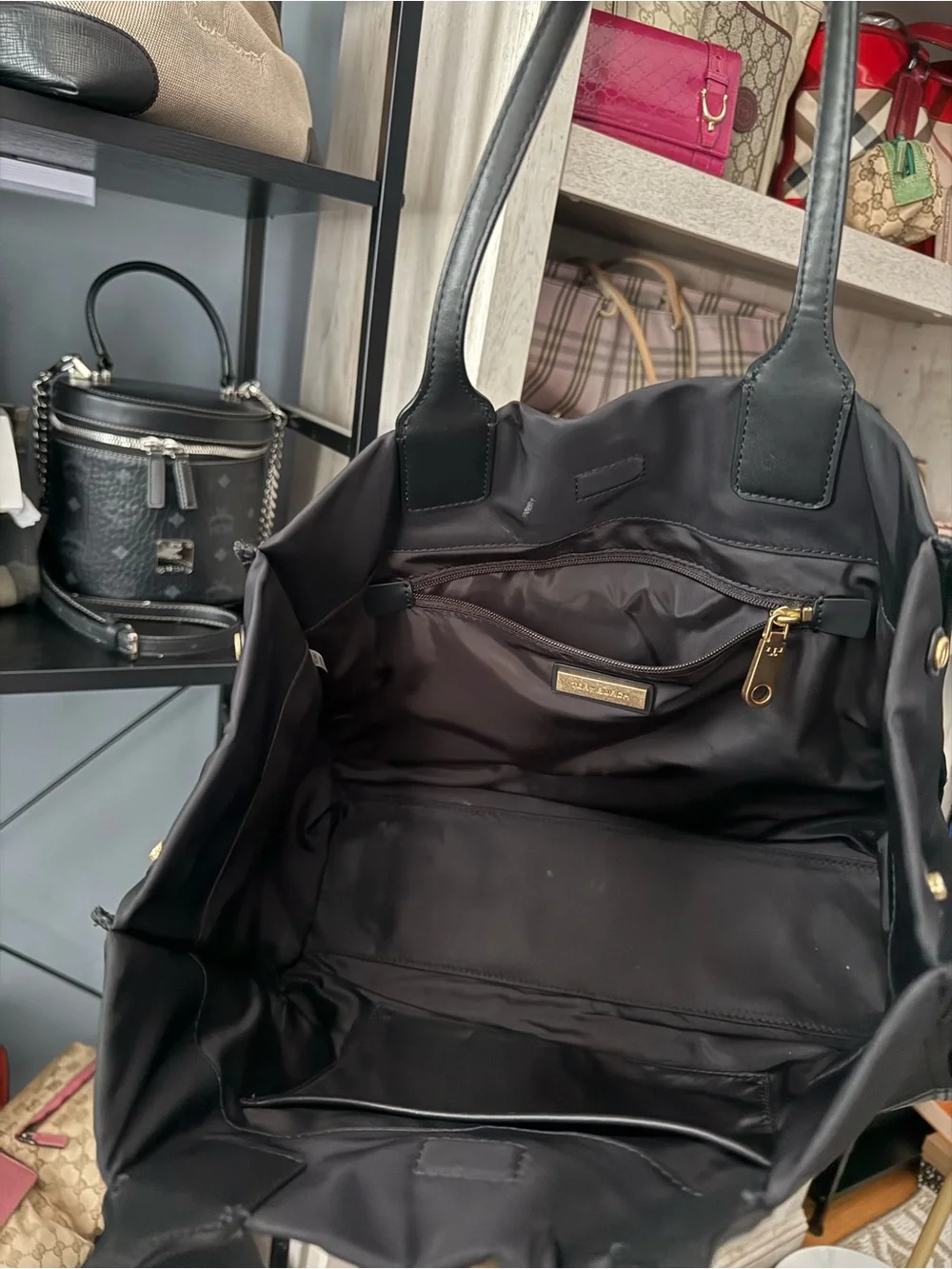 Tory Burch Black Nylon Logo Tote with Leather Trim